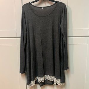 NWOT Charcoal gray tunic/dress. Sz XL, Ivory lace trim on bottom edge of front.